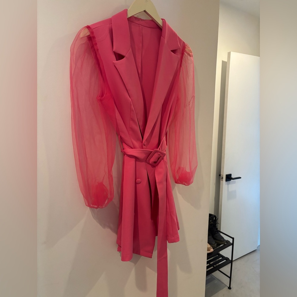Chic Pink Belted Dress with Sheer Sleeves